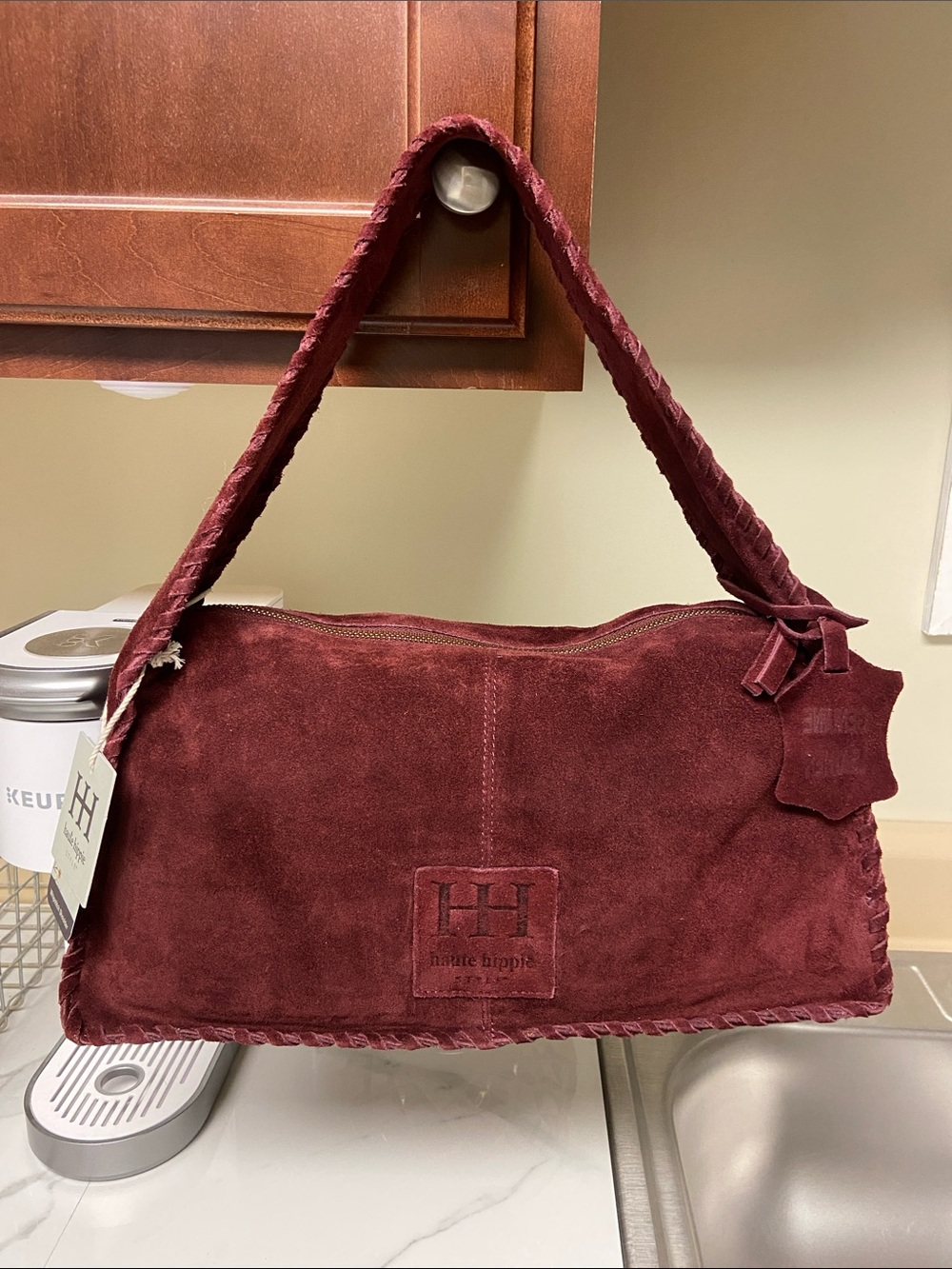 Haute Hippie Wine Suede Braided-Handle Shoulder Bag - Picture 4 of 11